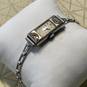 Bedforde 1930s Art Deco 14K Gold Ladies Watch, Diamond Accents, Swiss 15J